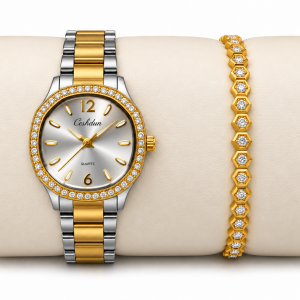 Ceshdun Women's Silver Dial Gold & Silver-Tone Watch with Gold Stone-Studded Bracelet Gift Set