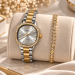Ceshdun Women's Silver Dial Gold & Silver-Tone Watch with Gold Stone-Studded Bracelet Gift Set