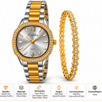 Ceshdun Women's Silver Dial Gold & Silver-Tone Watch with Gold Stone-Studded Bracelet Gift Set