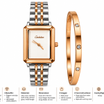 Ceshdun Women’s White Dial Rose Gold & Silver Two-Tone Rectangular Watch with Rose Gold Crystal Bracelet Set