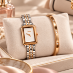Ceshdun Women’s White Dial Rose Gold & Silver Two-Tone Rectangular Watch with Rose Gold Crystal Bracelet Set