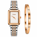 Ceshdun Women’s White Dial Rose Gold & Silver Two-Tone Rectangular Watch with Rose Gold Crystal Bracelet Set