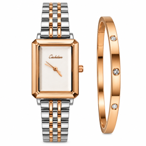 Ceshdun Women’s White Dial Rose Gold & Silver Two-Tone Rectangular Watch with Rose Gold Crystal Bracelet Set