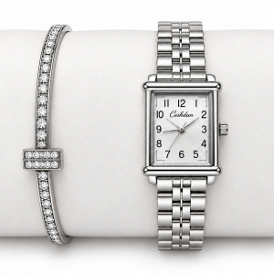 Ceshdun Women's Silver Dial Silver-Tone Rectangular Watch with Stone-Studded Bangle Gift Set