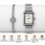 Ceshdun Women's Silver Dial Silver-Tone Rectangular Watch with Stone-Studded Bangle Gift Set