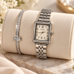 Ceshdun Women's Silver Dial Silver-Tone Rectangular Watch with Stone-Studded Bangle Gift Set