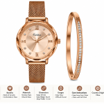 Ceshdun Women’s Rose Gold Dial Mesh Watch & Rose Gold Crystal Bracelet Set