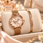 Ceshdun Women’s Rose Gold Dial Mesh Watch & Rose Gold Crystal Bracelet Set