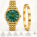 Ceshdun Women’s Green Dial Gold-Tone Watch & Gold Crystal Bangle Bracelet Set