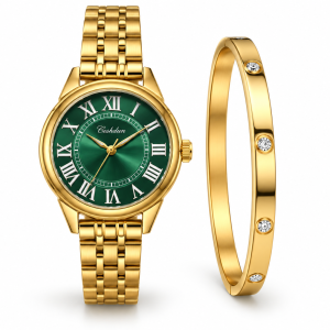 Ceshdun Women’s Green Dial Gold-Tone Watch & Gold Crystal Bangle Bracelet Set