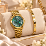 Ceshdun Women’s Green Dial Gold-Tone Watch & Gold Crystal Bangle Bracelet Set