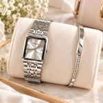 Ceshdun Women’s Silver Dial Silver-Tone Rectangular Watch & Crystal Bracelet Set