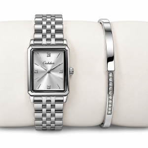 Ceshdun Women’s Silver Dial Silver-Tone Rectangular Watch & Crystal Bracelet Set