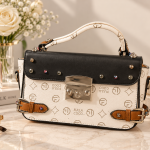 Sat Fat Women's White & Black Monogram Top Handle Handbag with Tan Brown Accents