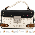 Sat Fat Women's White & Black Monogram Top Handle Handbag with Tan Brown Accents