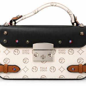Sat Fat Women's White & Black Monogram Top Handle Handbag with Tan Brown Accents