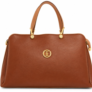 Sat Fat Women's Tan Brown Double Handle Handbag with Gold-Tone Logo