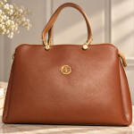 Sat Fat Women's Tan Brown Double Handle Handbag with Gold-Tone Logo